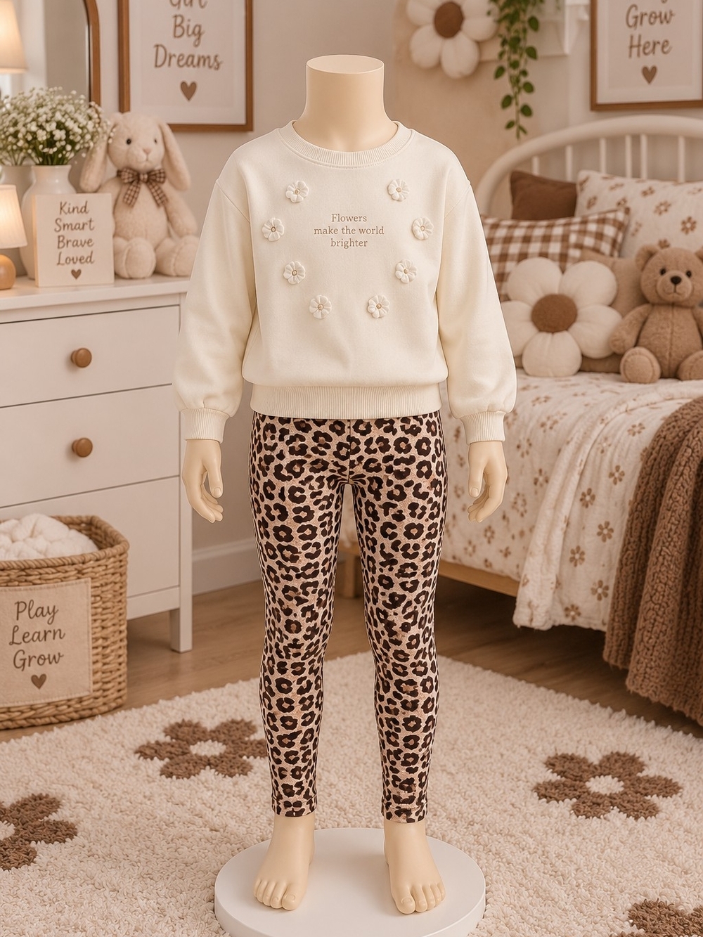 Kids Cream Flower Applique Sweatshirt & Leopard Leggings Set